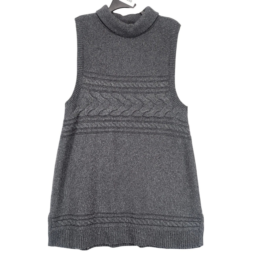 Talbots Gray Cable Knit Long Tunic Sweater Womens L Sleeveless Cowl Neck Soft
